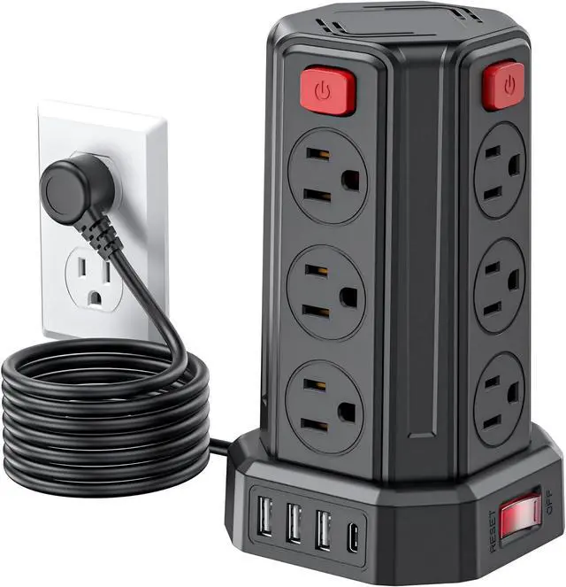 Main image of Power Strip 6.5 Ft Extension Cord with 12 AC Multiple Outlets 4 USB (1 USB C), SMALLRT Power Strip Tower Desktop Charging Station for Home Office College Dorm Essentials