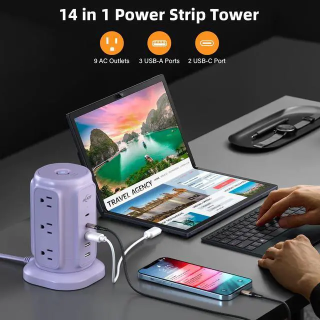 Alt view image 2 of 6 - AiJoy Power Strip Tower with 9 AC Outlets and 5 USB Ports Charging Station