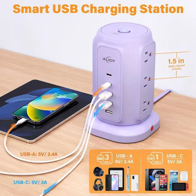 Alt view image 4 of 6 - AiJoy Power Strip Tower with 9 AC Outlets and 5 USB Ports Charging Station