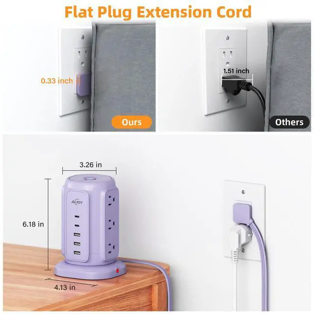 Alt view image 5 of 6 - AiJoy Power Strip Tower with 9 AC Outlets and 5 USB Ports Charging Station