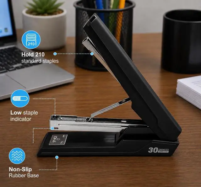 Alt view image 6 of 7 - Metal Stapler with 830 Staples, Office Stapler, Staplers for Desk, 30 Sheet Capacity, Non-Slip, Black