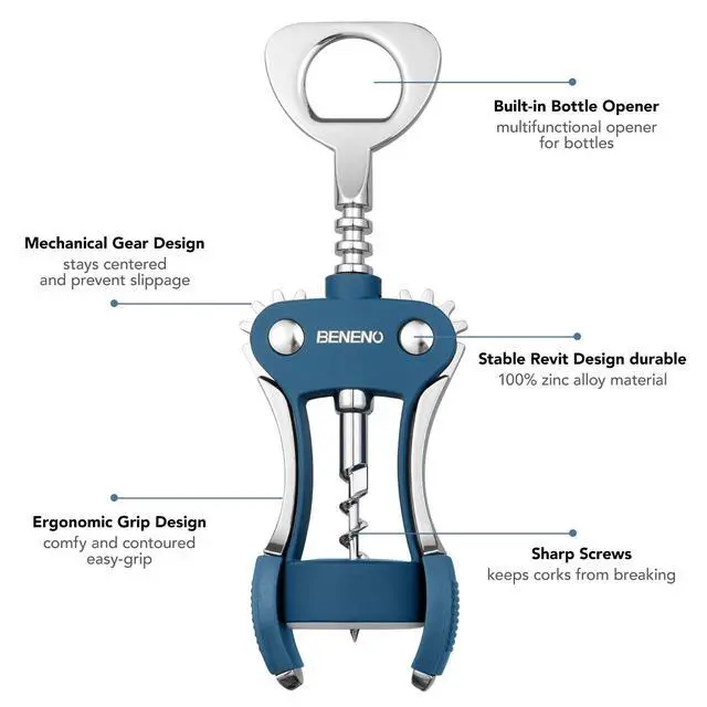 Alt view image 2 of 6 - Beneno Premium Classic Wing Corkscrew Wine Opener and Bottle Opener, Blue