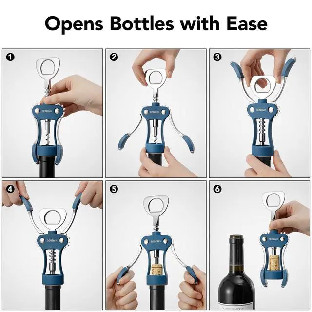 Alt view image 4 of 6 - Beneno Premium Classic Wing Corkscrew Wine Opener and Bottle Opener, Blue