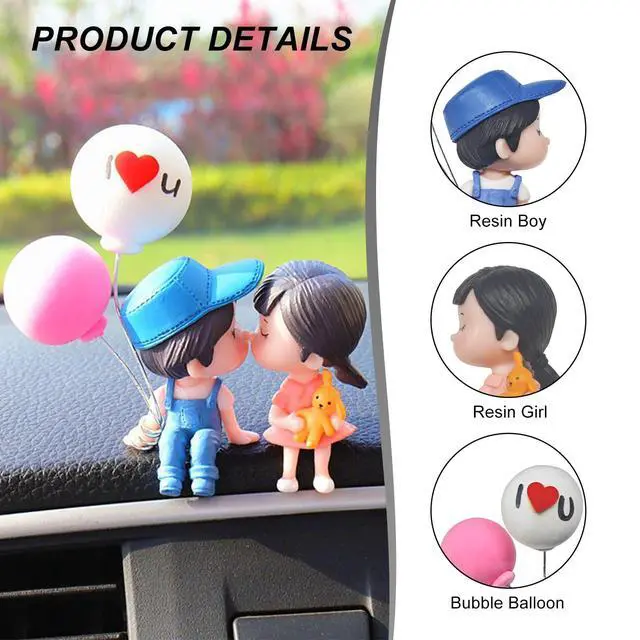 Alt view image 3 of 6 - DXNQ Cute Couple Car Dashboard Decorations, Lovely Couple Kiss Cartoon Figurines Car Ornament, Resin Material Boy Girl Car Interior Decoration with Balloon for Car Dashboard Gifts (Blue)