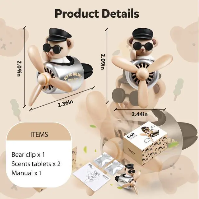 Alt view image 6 of 7 - Bear Pilot Car Fresheners Vent Clip Cute Teddy New Car Scent Automotive Air Fresheners Cartoon Air Outlet Aromatherapy Ornament Thank You Gifts for Him Her Friends, Families