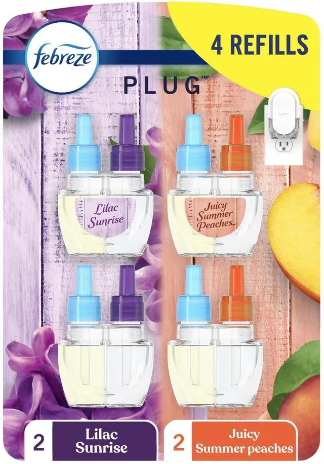 Main image of Plug In Air Freshener, Odor-Fighting Scented Oil Refill, Air Fresheners for Home and Bathroom and Kitchen, Long Lasting for Strong Odors, Lilac and Peach Scent, 0.87oz Refills, 4 Count