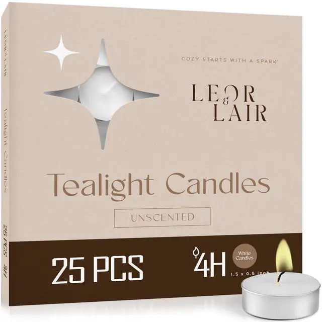 Main image of Tea Lights Candles, 25 Pack, 4 Hour Long Burn Tealight Candles