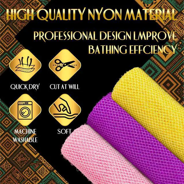 Alt view image 2 of 7 - 3 Pieces African Bath Sponge African Net Long Net Bath Sponge Exfoliating Shower Body Scrubber Back Scrubber Skin Smoother,Great for Daily Use (Pink,Yellow,Purple)