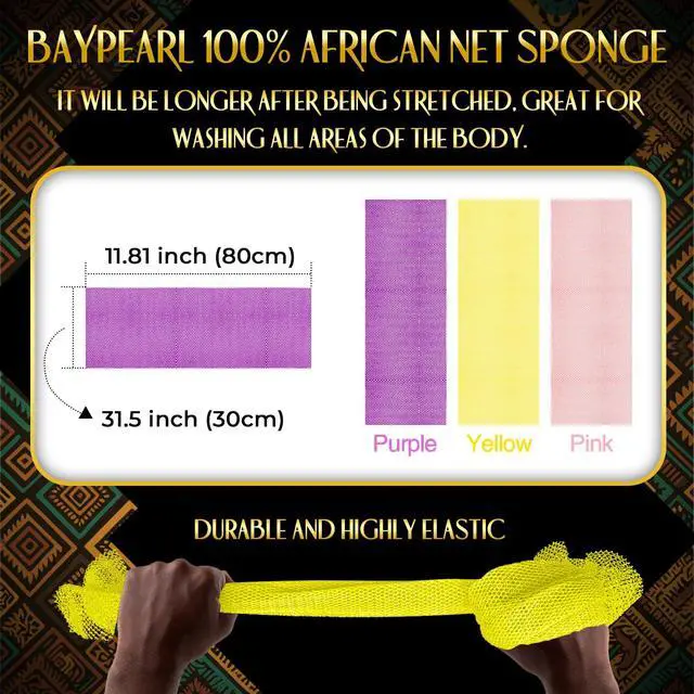 Alt view image 3 of 7 - 3 Pieces African Bath Sponge African Net Long Net Bath Sponge Exfoliating Shower Body Scrubber Back Scrubber Skin Smoother,Great for Daily Use (Pink,Yellow,Purple)
