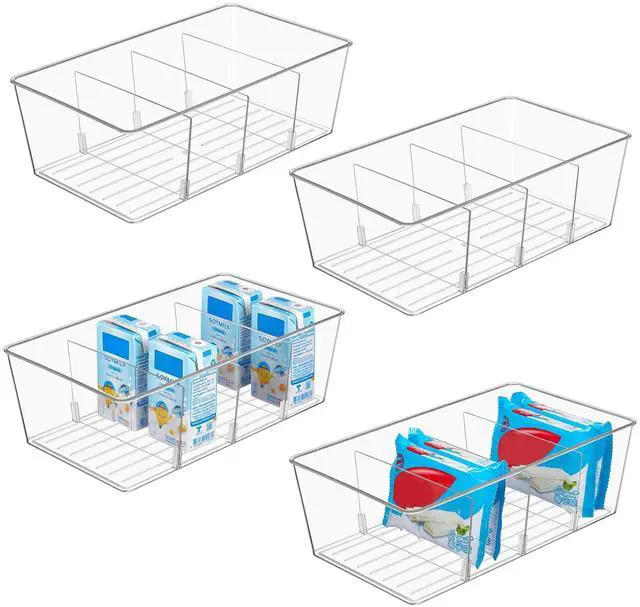 Main image of 4 Pack Food Storage Organizer Bins, Clear Plastic Bins for Pantry, Kitchen, Fridge, Cabinet Organization and Storage, 4 Compartment Holder Packets, Snacks, Pouches, Spice Packets