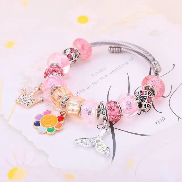 Alt view image 5 of 7 - European Large Hole Spacer Charm Beads for DIY Bracelet Jewelry Making, Multicolor, Rhinestone, Resin, Assorted Styles (100, Pink)