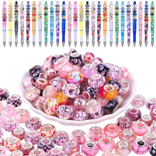 Main image of European Large Hole Spacer Charm Beads for DIY Bracelet Jewelry Making, Multicolor, Rhinestone, Resin, Assorted Styles (100, Pink)