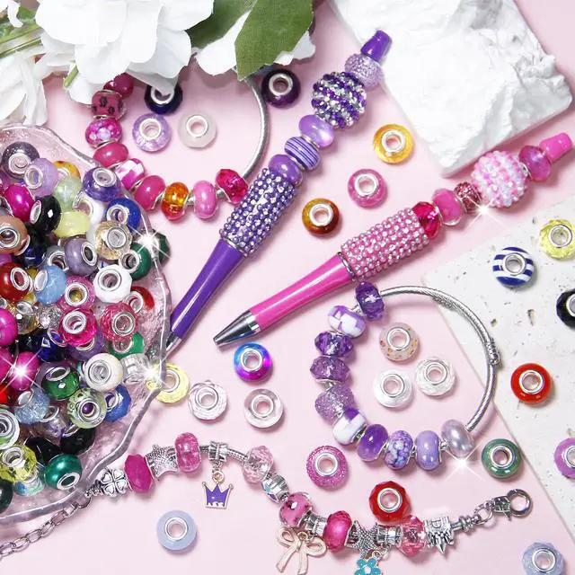 Alt view image 2 of 7 - 100 Pieces Large Hole Beads Spacer Bead Mixed Assorted European Craft Big Beads Large Hole Lampwork Murano Fairy Wand Garden Bead for DIY Pens Charms Bracelet Necklace Keychain Jewelry Making Supplies
