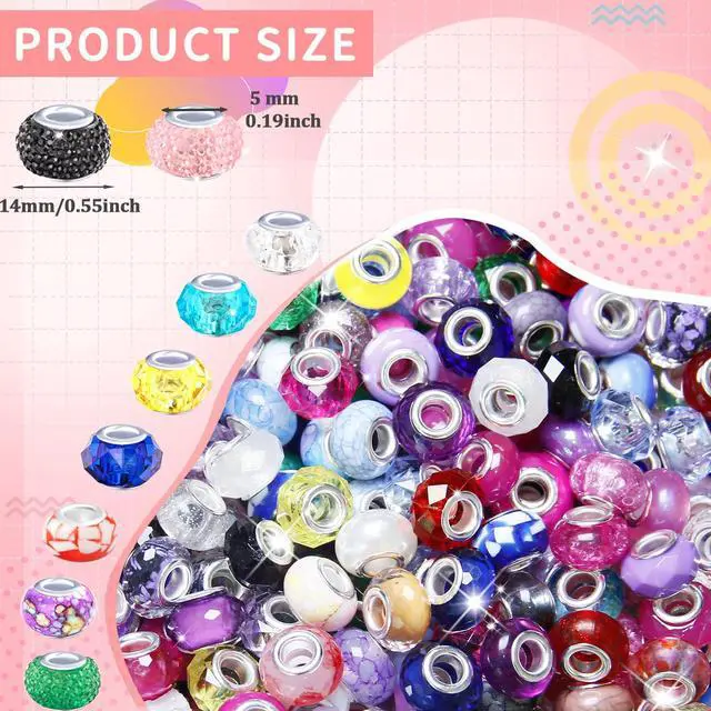 Alt view image 3 of 7 - 100 Pieces Large Hole Beads Spacer Bead Mixed Assorted European Craft Big Beads Large Hole Lampwork Murano Fairy Wand Garden Bead for DIY Pens Charms Bracelet Necklace Keychain Jewelry Making Supplies