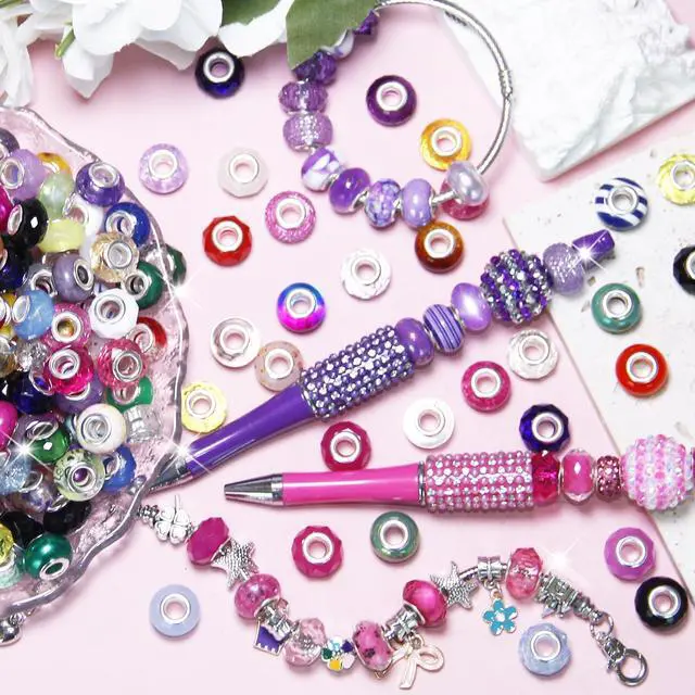 Alt view image 6 of 7 - 100 Pieces Large Hole Beads Spacer Bead Mixed Assorted European Craft Big Beads Large Hole Lampwork Murano Fairy Wand Garden Bead for DIY Pens Charms Bracelet Necklace Keychain Jewelry Making Supplies