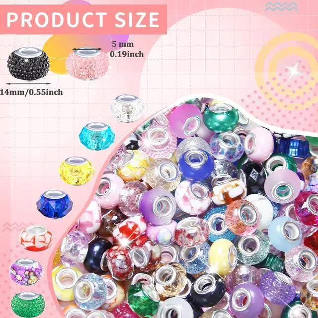 Alt view image 3 of 6 - 100 Pieces Large Hole Beads Spacer Bead Mixed Color Assorted European Craft Big Beads Large Hole Lampwork Murano Fairy Wand Garden Bead for DIY Pens Bracelet Necklace Keychain Jewelry Making Supplies