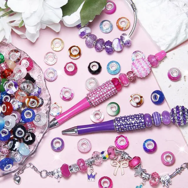 Alt view image 2 of 6 - 100 Pieces Large Hole Beads Spacer Bead Mixed Color Assorted European Craft Big Beads Large Hole Lampwork Murano Fairy Wand Garden Bead for DIY Pens Bracelet Necklace Keychain Jewelry Making Supplies