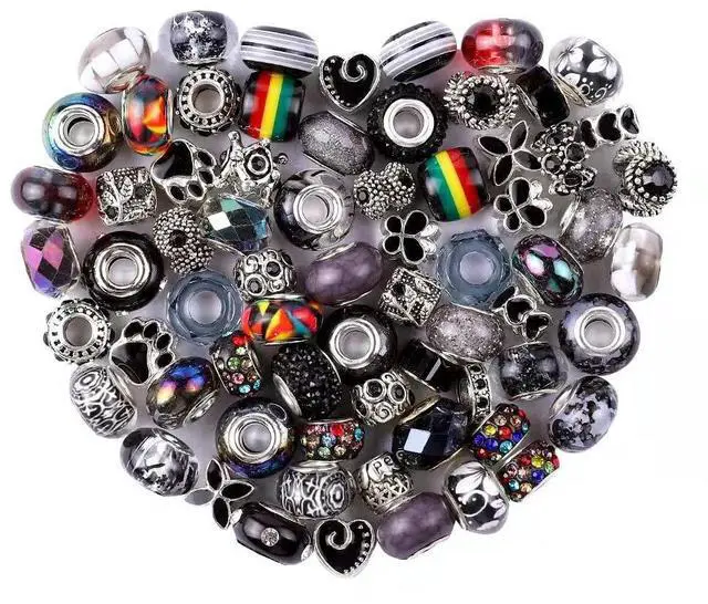 Main image of European Large Hole Beads, Colorful Glass Charm Beads Set, Assorted Patterns and Designs Rhinestone Craft Beads for DIY Bracelet Jewelry Making (60, Black Resin+Alloy)