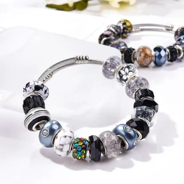 Alt view image 3 of 6 - European Large Hole Beads, Colorful Glass Charm Beads Set, Assorted Patterns and Designs Rhinestone Craft Beads for DIY Bracelet Jewelry Making (60, Black Resin+Alloy)