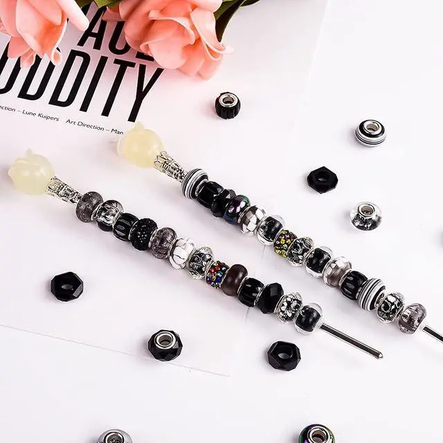 Alt view image 4 of 6 - European Large Hole Beads, Colorful Glass Charm Beads Set, Assorted Patterns and Designs Rhinestone Craft Beads for DIY Bracelet Jewelry Making (60, Black Resin+Alloy)