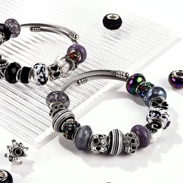 Alt view image 2 of 6 - European Large Hole Beads, Colorful Glass Charm Beads Set, Assorted Patterns and Designs Rhinestone Craft Beads for DIY Bracelet Jewelry Making (60, Black Resin+Alloy)