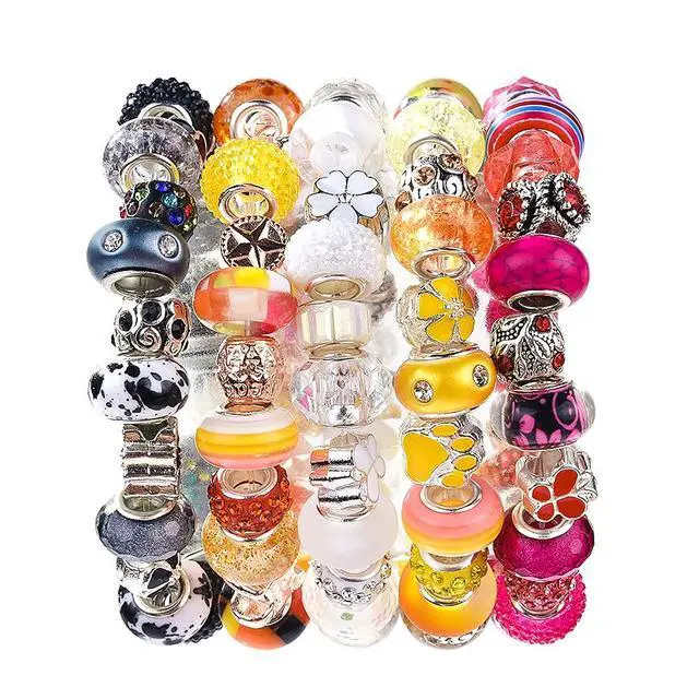 Alt view image 6 of 6 - European Large Hole Beads, Colorful Glass Charm Beads Set, Assorted Patterns and Designs Rhinestone Craft Beads for DIY Bracelet Jewelry Making (60, Black Resin+Alloy)
