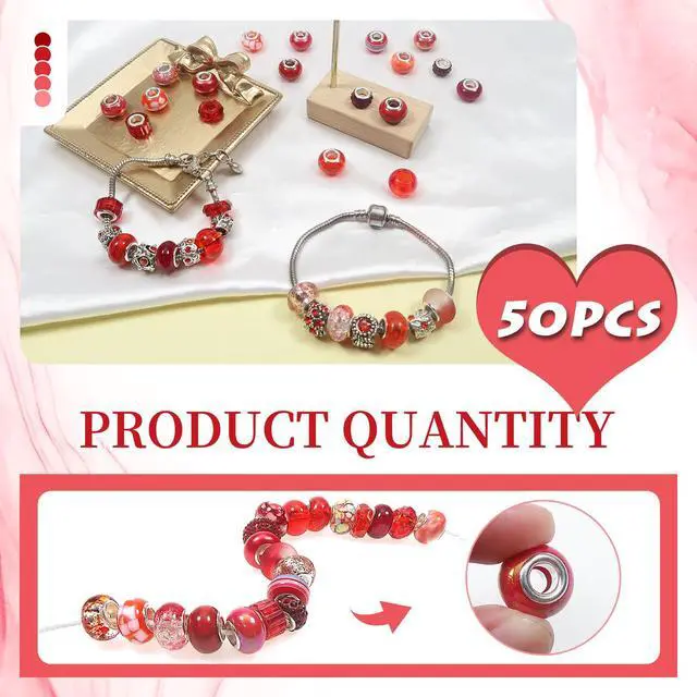 Alt view image 3 of 7 - 50pcs Assorted Resin European Beads Red Large Hole Lampwork Spacer Beads Rhinestone Craft Beads for DIY Charms Bracelet Jewelry Making