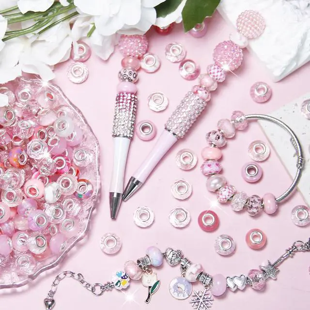 Alt view image 2 of 7 - 100 Pieces Large Hole Beads Spacer Bead Pink Assorted European Craft Big Beads Large Hole Lampwork Murano Fairy Wand Garden Bead for DIY Pens Charms Bracelet Necklace Keychain Jewelry Making Supplies
