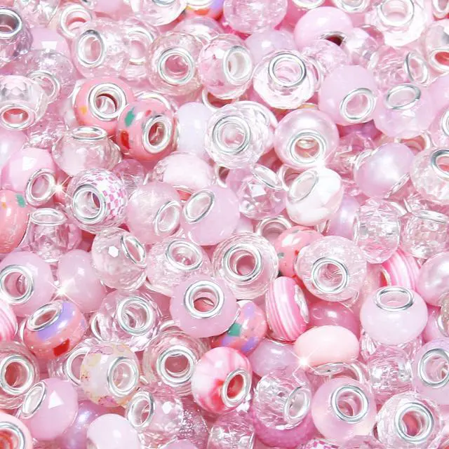 Main image of 100 Pieces Large Hole Beads Spacer Bead Pink Assorted European Craft Big Beads Large Hole Lampwork Murano Fairy Wand Garden Bead for DIY Pens Charms Bracelet Necklace Keychain Jewelry Making Supplies