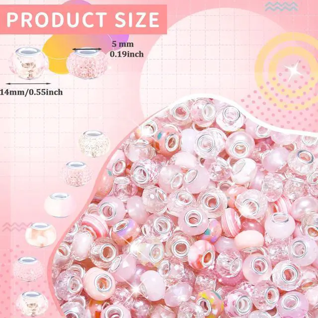 Alt view image 3 of 7 - 100 Pieces Large Hole Beads Spacer Bead Pink Assorted European Craft Big Beads Large Hole Lampwork Murano Fairy Wand Garden Bead for DIY Pens Charms Bracelet Necklace Keychain Jewelry Making Supplies