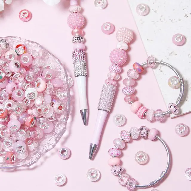 Alt view image 7 of 7 - 100 Pieces Large Hole Beads Spacer Bead Pink Assorted European Craft Big Beads Large Hole Lampwork Murano Fairy Wand Garden Bead for DIY Pens Charms Bracelet Necklace Keychain Jewelry Making Supplies