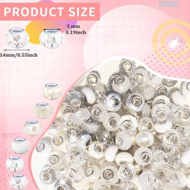 Alt view image 2 of 6 - Large Hole Beads Spacer Beads White Assorted European Craft Big Beads Large Hole Lampwork Murano Bead Fairy Wand Garden Beads for DIY Charm Bracelet Necklace Earring Jewelry Making Decoration Supplies