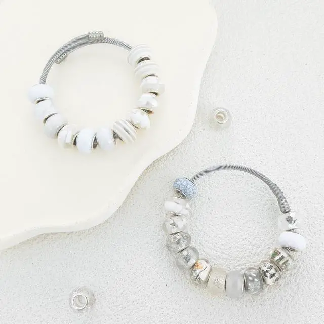Alt view image 3 of 6 - Large Hole Beads Spacer Beads White Assorted European Craft Big Beads Large Hole Lampwork Murano Bead Fairy Wand Garden Beads for DIY Charm Bracelet Necklace Earring Jewelry Making Decoration Supplies