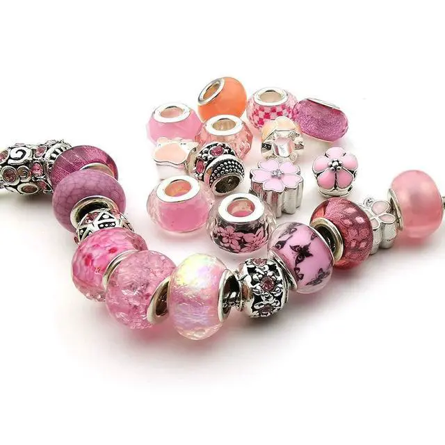 Alt view image 4 of 6 - 50pcs Assorted Pink Resin Imitation Glass European Large Hole Beads Rhinestone Metal Spacer Charms Bead Assortments for DIY Crafts Bracelets Necklaces Jewelry Making (M567-Pink)