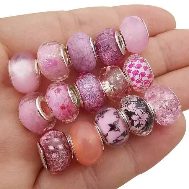 Alt view image 5 of 6 - 50pcs Assorted Pink Resin Imitation Glass European Large Hole Beads Rhinestone Metal Spacer Charms Bead Assortments for DIY Crafts Bracelets Necklaces Jewelry Making (M567-Pink)