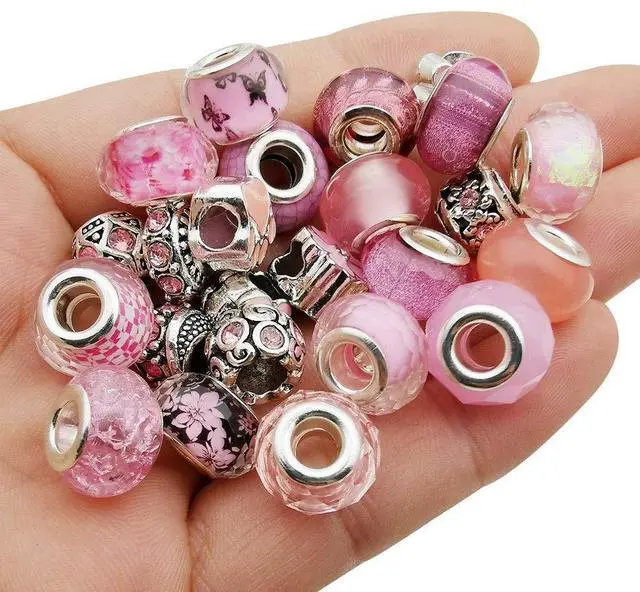 Main image of 50pcs Assorted Pink Resin Imitation Glass European Large Hole Beads Rhinestone Metal Spacer Charms Bead Assortments for DIY Crafts Bracelets Necklaces Jewelry Making (M567-Pink)