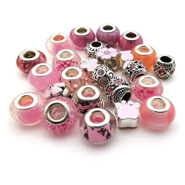 Alt view image 3 of 6 - 50pcs Assorted Pink Resin Imitation Glass European Large Hole Beads Rhinestone Metal Spacer Charms Bead Assortments for DIY Crafts Bracelets Necklaces Jewelry Making (M567-Pink)