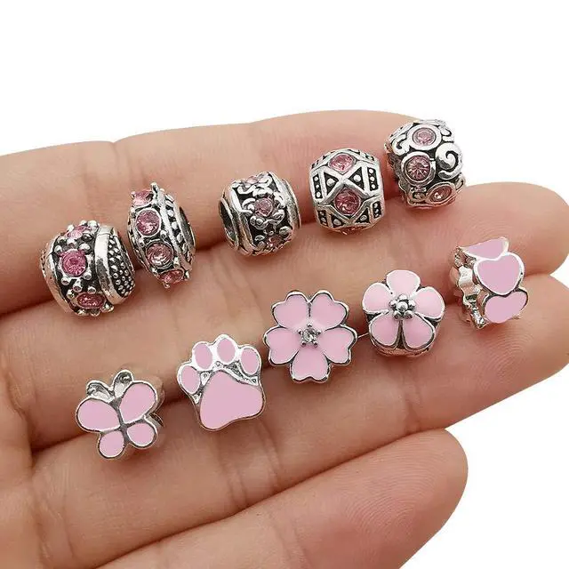 Alt view image 6 of 6 - 50pcs Assorted Pink Resin Imitation Glass European Large Hole Beads Rhinestone Metal Spacer Charms Bead Assortments for DIY Crafts Bracelets Necklaces Jewelry Making (M567-Pink)
