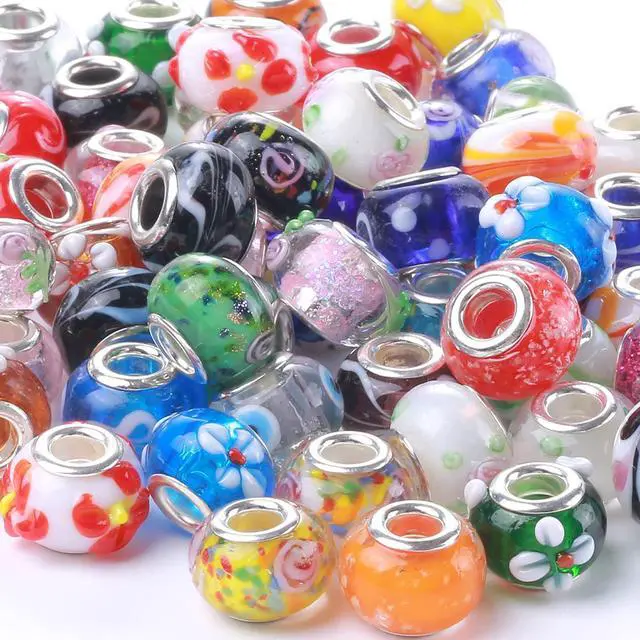 Main image of Murano Glass Beads Large Hole Glass Beads European Lampwork Spacer Charms Bead Silver Plated Cores Bracelet Charm for DIY Crafts Jewelry Making 50 Pcs Mixed