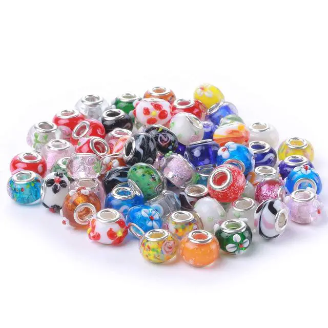 Alt view image 2 of 6 - Murano Glass Beads Large Hole Glass Beads European Lampwork Spacer Charms Bead Silver Plated Cores Bracelet Charm for DIY Crafts Jewelry Making 50 Pcs Mixed