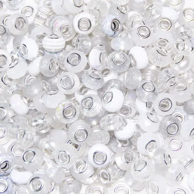 Main image of 100 Pieces Large Hole Beads, Assorted European Craft Beads White Big Hole Fairy Wands Garden Beads Large Hole Lampwork Spacer Beads for DIY Pens Charms Bracelet Necklace Jewelry Making Supplies