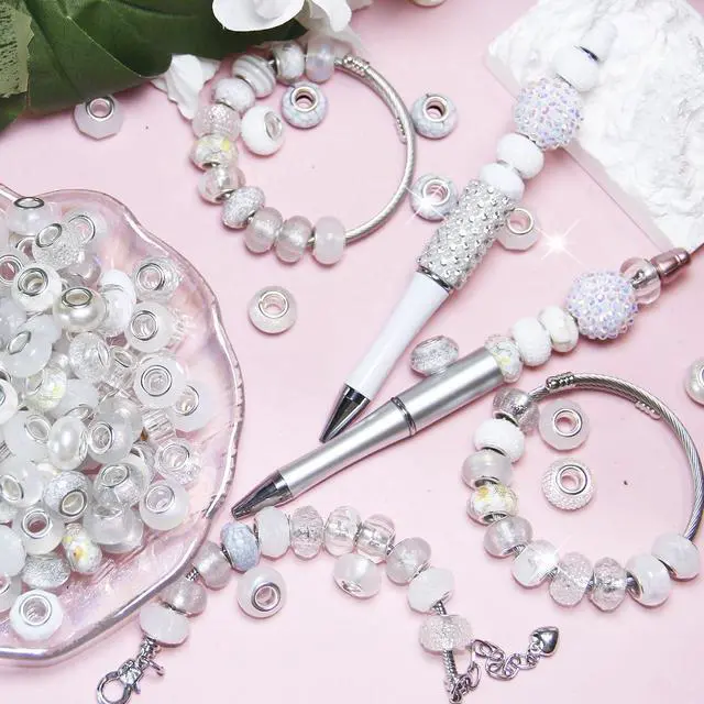 Alt view image 2 of 7 - 100 Pieces Large Hole Beads, Assorted European Craft Beads White Big Hole Fairy Wands Garden Beads Large Hole Lampwork Spacer Beads for DIY Pens Charms Bracelet Necklace Jewelry Making Supplies