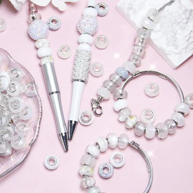 Alt view image 4 of 7 - 100 Pieces Large Hole Beads, Assorted European Craft Beads White Big Hole Fairy Wands Garden Beads Large Hole Lampwork Spacer Beads for DIY Pens Charms Bracelet Necklace Jewelry Making Supplies