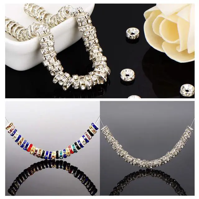 Alt view image 4 of 6 - 100Pcs Rondelle Spacer Beads 8mm Silver Plated Czech Crystal Rhinestone for Jewelry Making Loose Beads for Bracelets