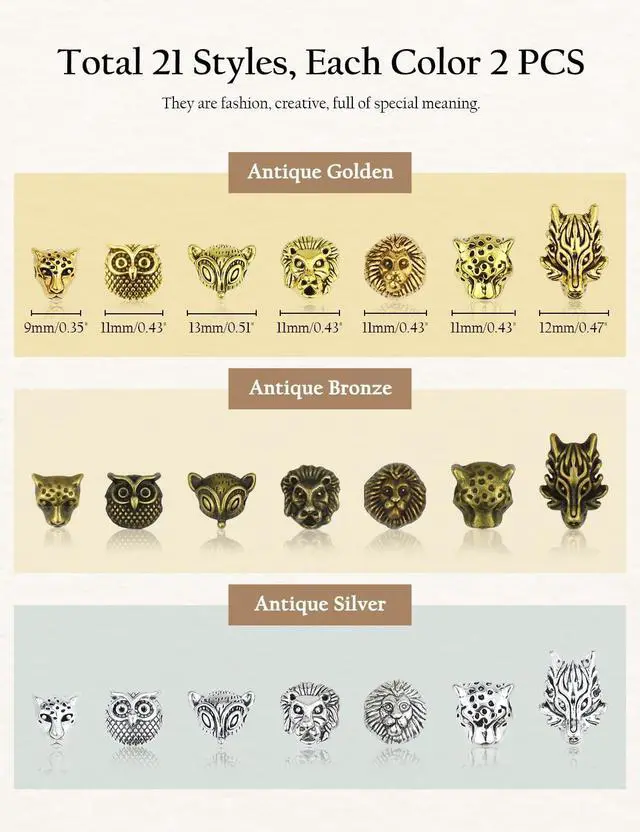 Alt view image 4 of 7 - Animal Tibetan Loose Spacer Beads, Mixed Lion Fox Owl Leopard Spacer Beads Fit European Charm for Bracelet Necklet Jewelry Making, 40PCS