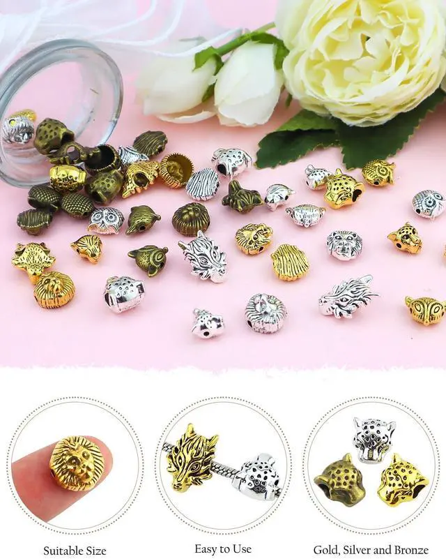 Alt view image 3 of 7 - Animal Tibetan Loose Spacer Beads, Mixed Lion Fox Owl Leopard Spacer Beads Fit European Charm for Bracelet Necklet Jewelry Making, 40PCS