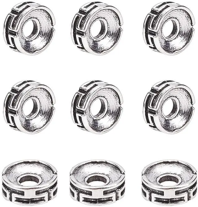 Main image of 100pcs Tibetan Spacer Beads, Carved Flat Round Beads Antique Silver Beads 7.5x3mm Metal Loose Beads Rondelle Beads for Jewelry Bracelet Earring Making DIY Crafts, Hole: 2mm