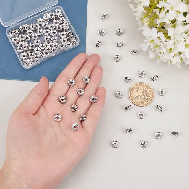 Alt view image 2 of 7 - 100pcs Tibetan Spacer Beads, Carved Flat Round Beads Antique Silver Beads 7.5x3mm Metal Loose Beads Rondelle Beads for Jewelry Bracelet Earring Making DIY Crafts, Hole: 2mm