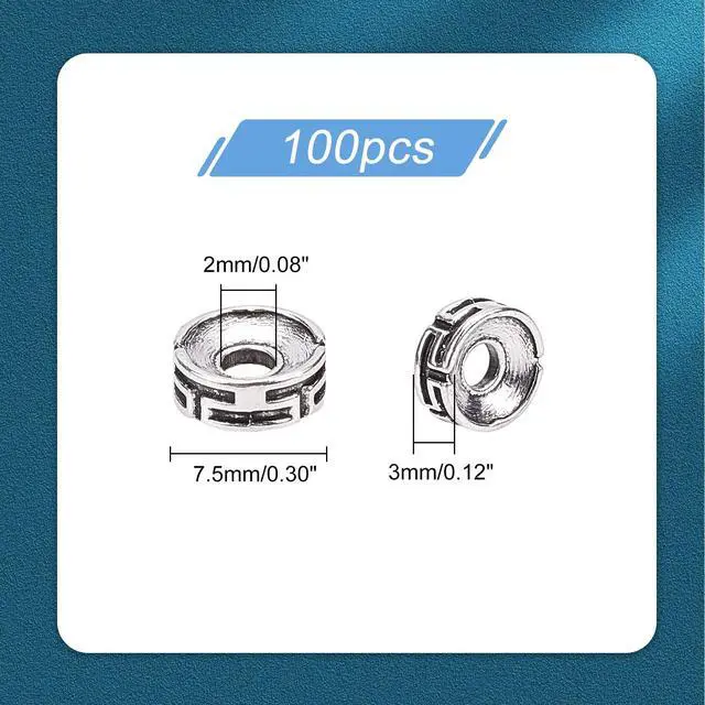 Alt view image 3 of 7 - 100pcs Tibetan Spacer Beads, Carved Flat Round Beads Antique Silver Beads 7.5x3mm Metal Loose Beads Rondelle Beads for Jewelry Bracelet Earring Making DIY Crafts, Hole: 2mm