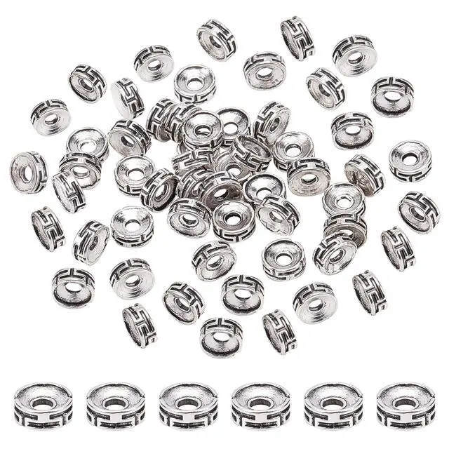 Alt view image 7 of 7 - 100pcs Tibetan Spacer Beads, Carved Flat Round Beads Antique Silver Beads 7.5x3mm Metal Loose Beads Rondelle Beads for Jewelry Bracelet Earring Making DIY Crafts, Hole: 2mm